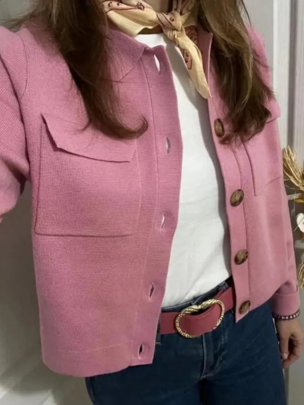 SEZANE NWT Rose Pink Fine Knit 100% Merino Wool Collared Betty Cardigan Sweater - Picture 5 of 14